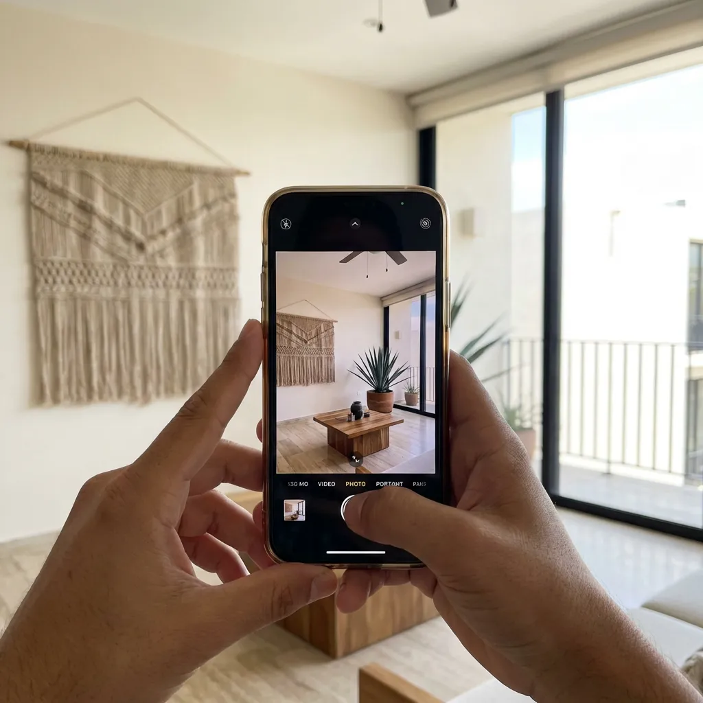 Manos tomando foto de interior de departamento sin mostrar la cara en Chile