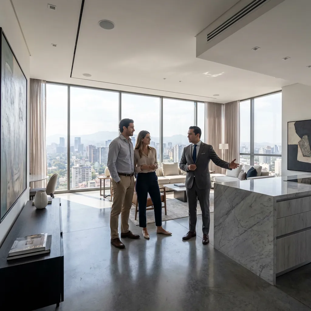 Comprador cualificado visitando apartamento con agente en Costa Rica