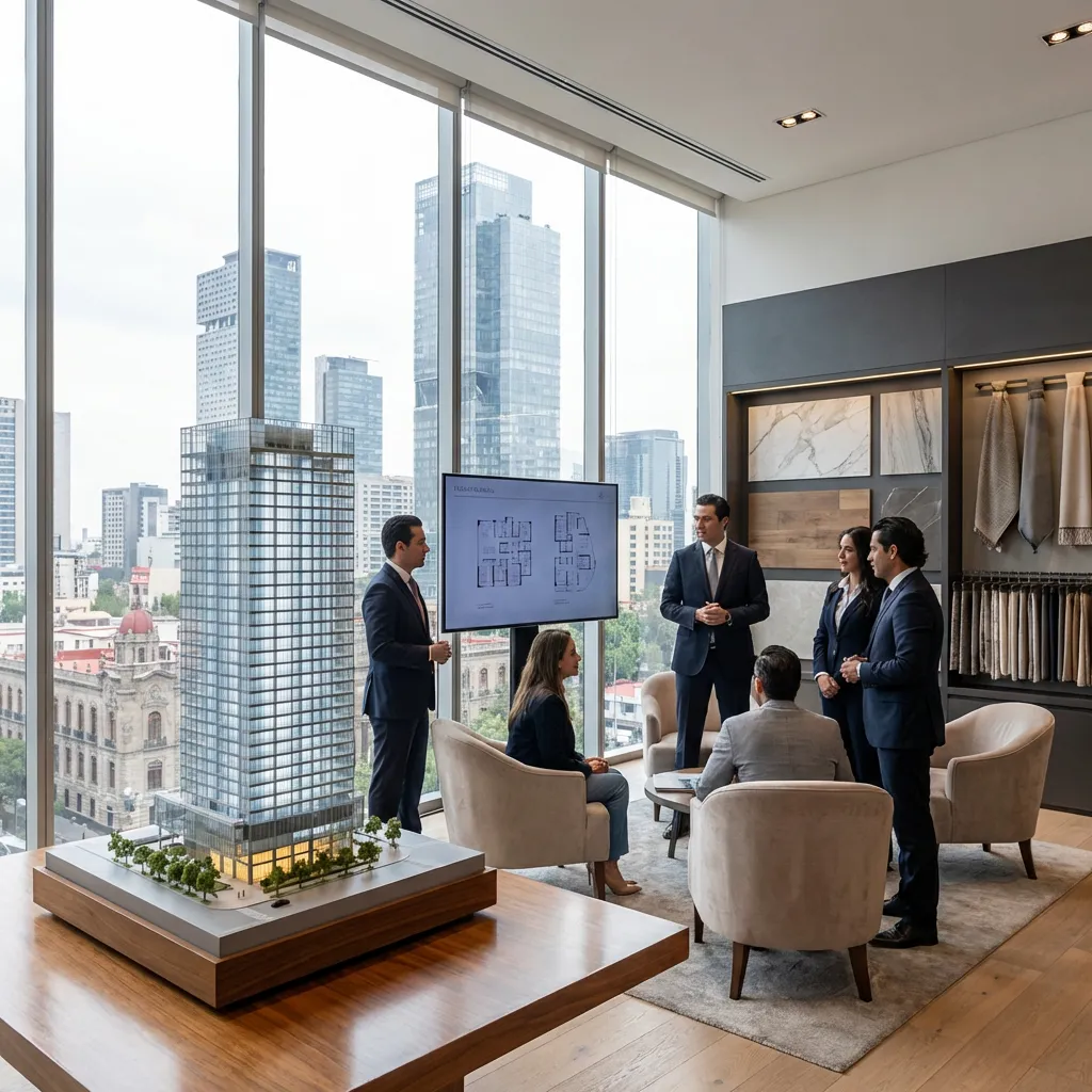 Showroom de preventa inmobiliaria moderna en México
